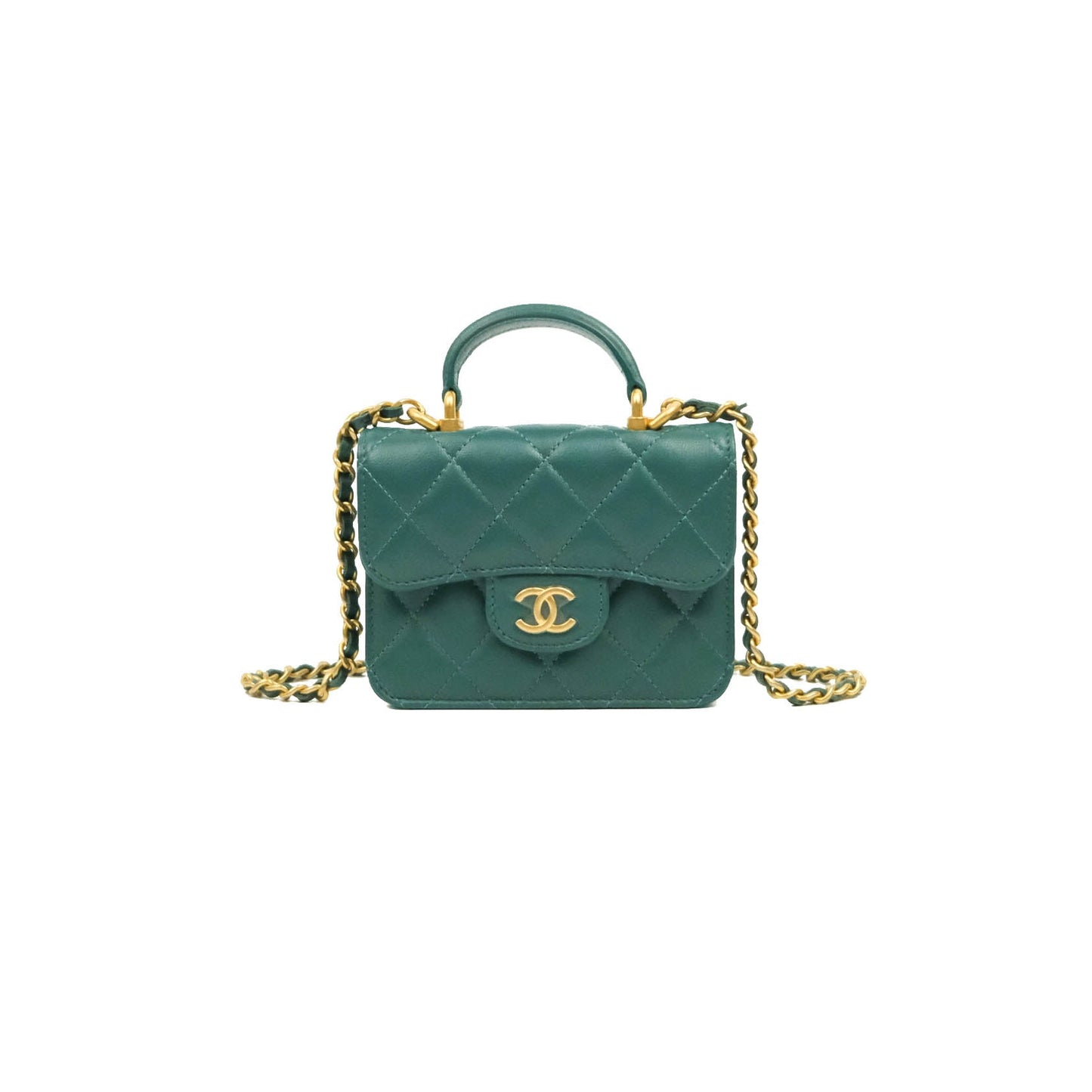 Chanel Mini Handle Flap Coin Purse With Chain Green Lambskin Gold Hardware