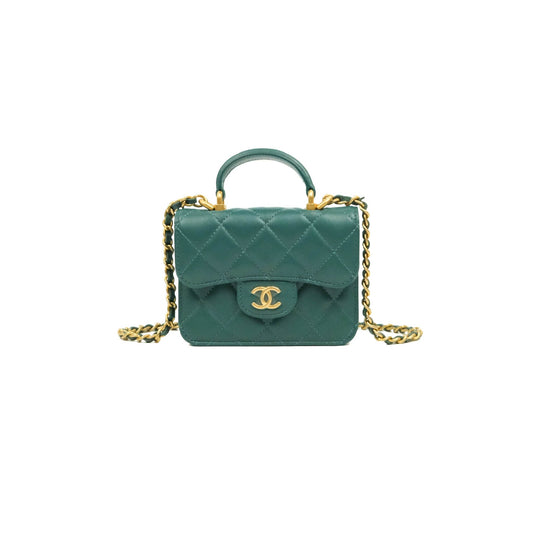 Chanel Mini Handle Flap Coin Purse With Chain Green Lambskin Gold Hardware