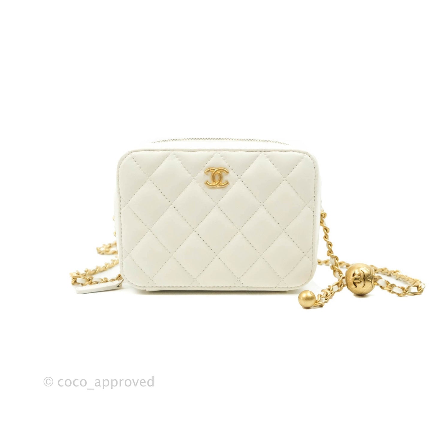 Chanel Mini Pearl Crush Quilted Camera Case White Lambskin Aged Gold Hardware