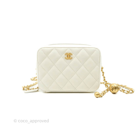 Chanel Mini Pearl Crush Quilted Camera Case White Lambskin Aged Gold Hardware