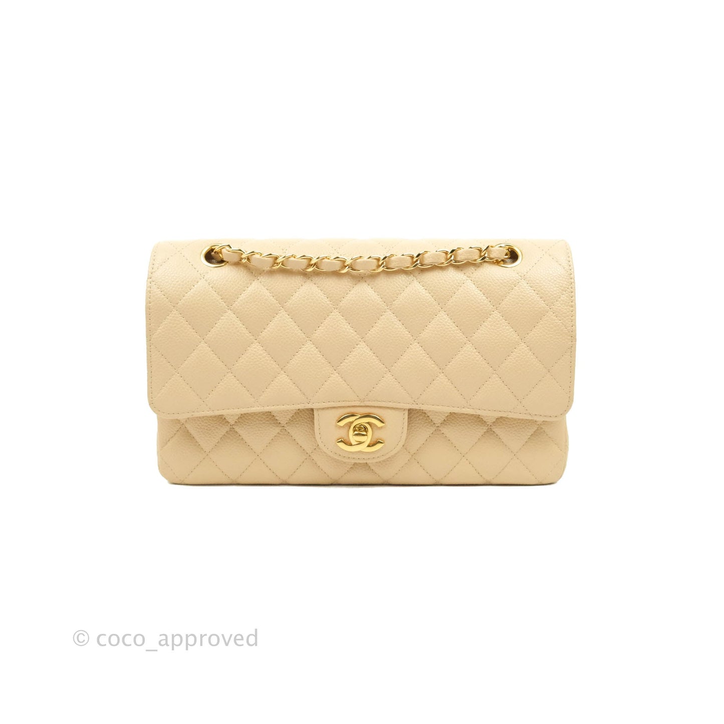 Chanel Classic M/L Medium Flap Quilted Beige Caviar Gold Hardware