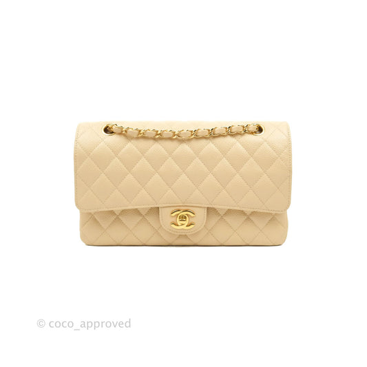Chanel Classic M/L Medium Flap Quilted Beige Caviar Gold Hardware