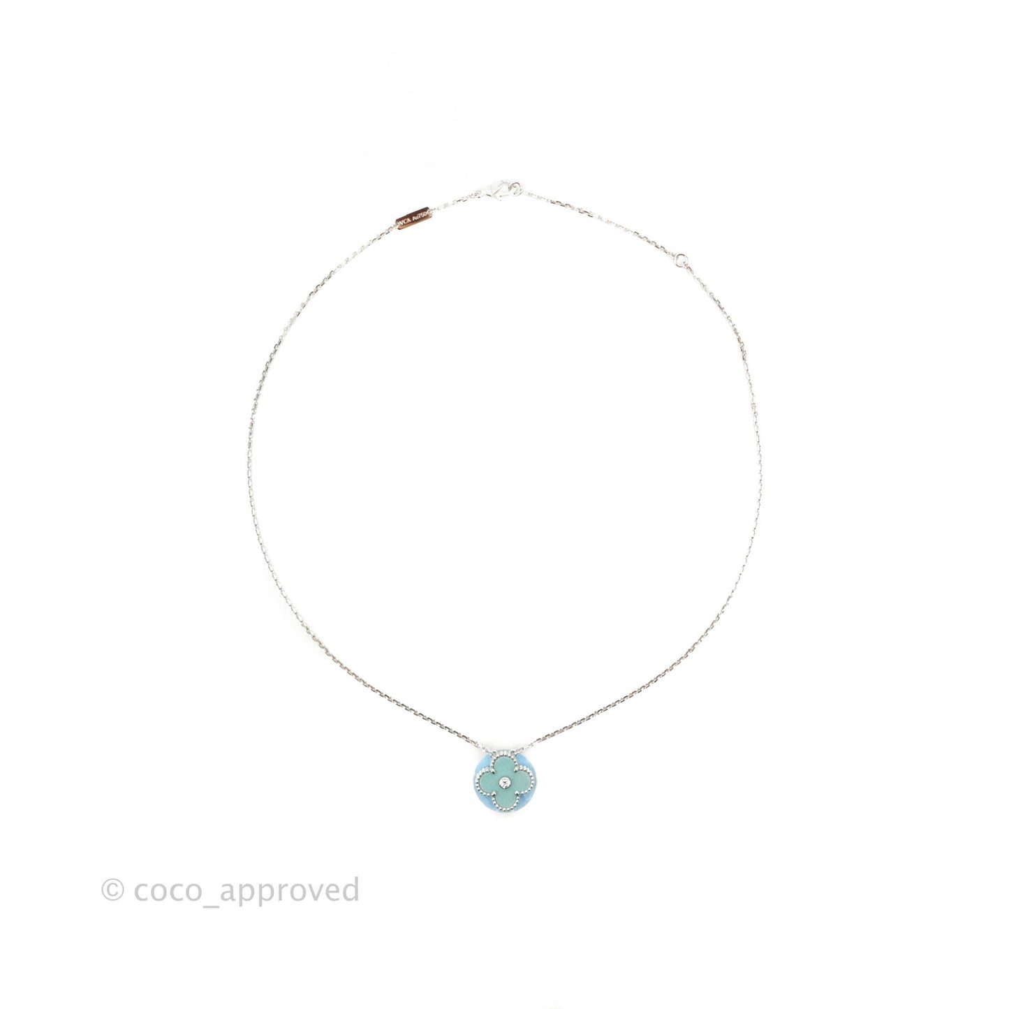 Van Cleef & Arpels Vintage Alhambra Necklace Green Celadon Sevres Porcelain Diamond White Gold