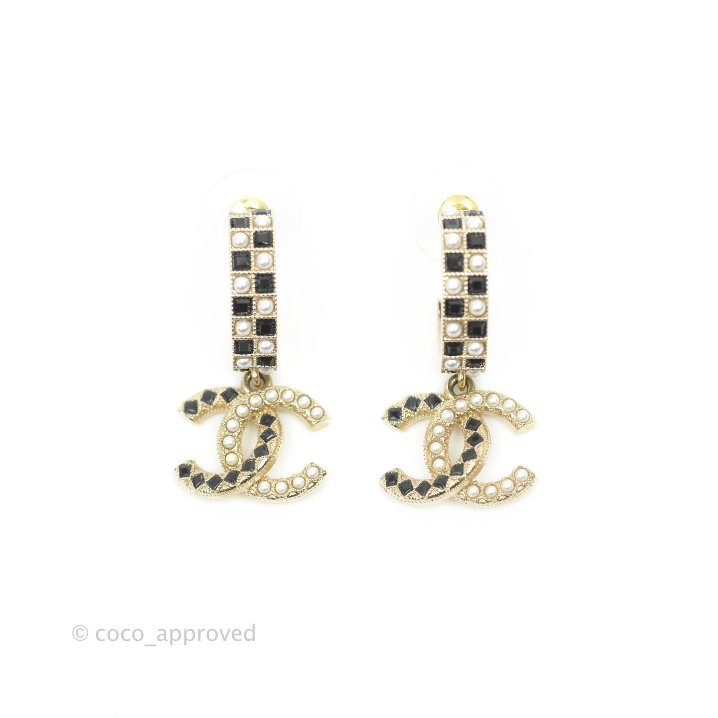Chanel Crystal Black Resin Drop CC Hoop Earrings Gold Tone 21A