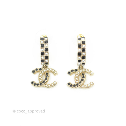 Chanel Crystal Black Resin Drop CC Hoop Earrings Gold Tone 21A