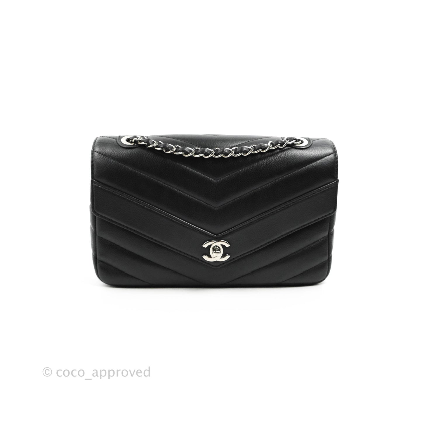 Chanel Medium Chevron Quilted Flap Black Grained Calfskin Silver Hardware