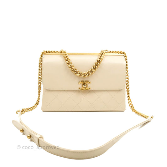 Chanel Small Flat Quilted Coco Luxe Flap Bag Light Beige Aged Gold Hardware