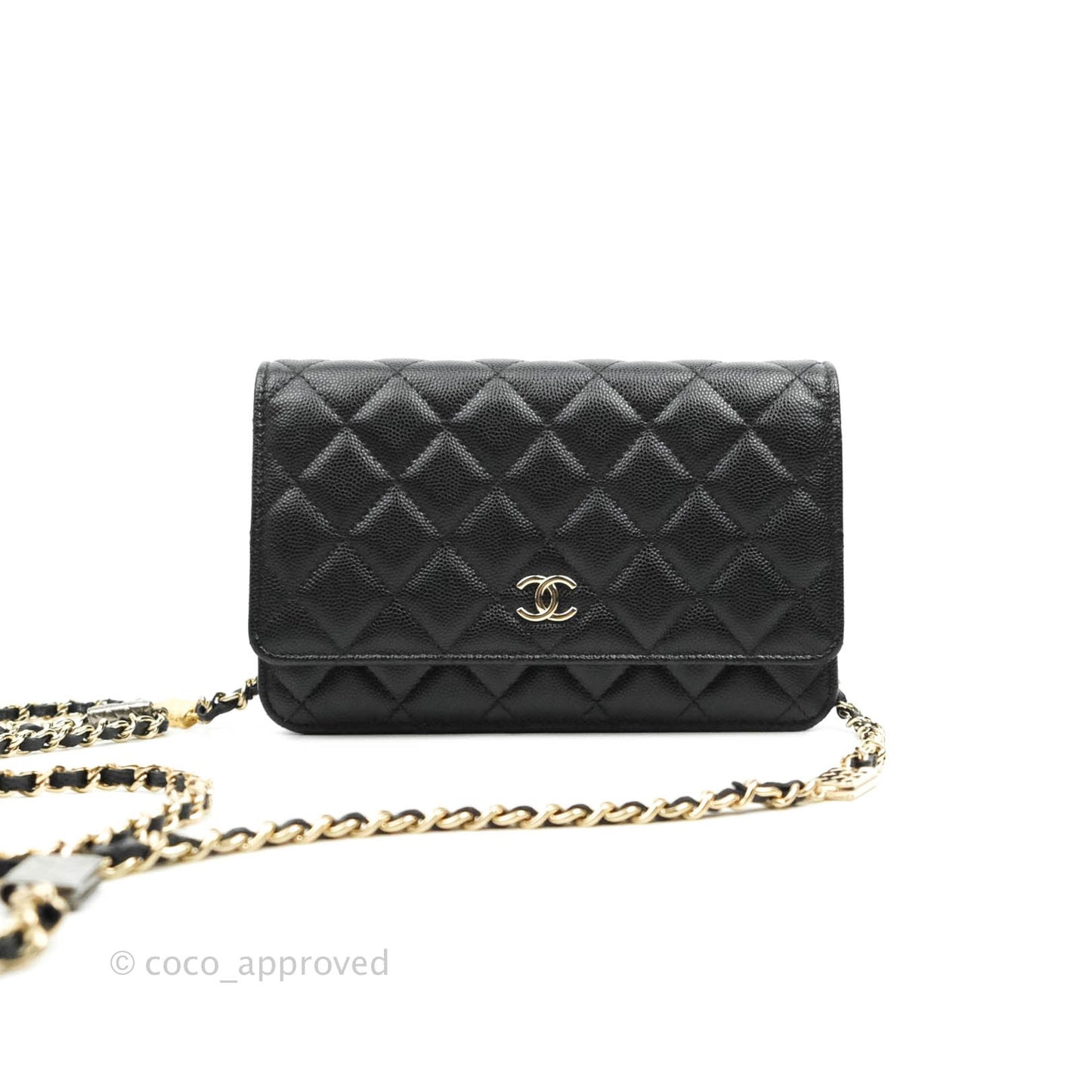 Chanel Quilted WOC Black Caviar Gold Hardware With Charms