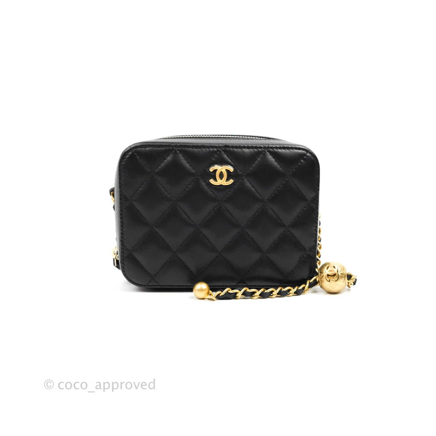 Chanel Mini Pearl Crush Quilted Camera Case Black Lambskin Aged Gold Hardware