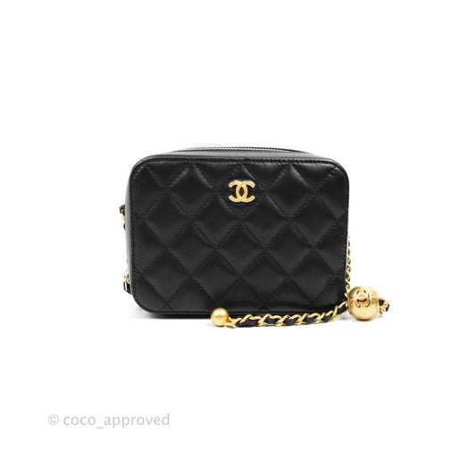 Chanel Mini Pearl Crush Quilted Camera Case Black Lambskin Aged Gold Hardware