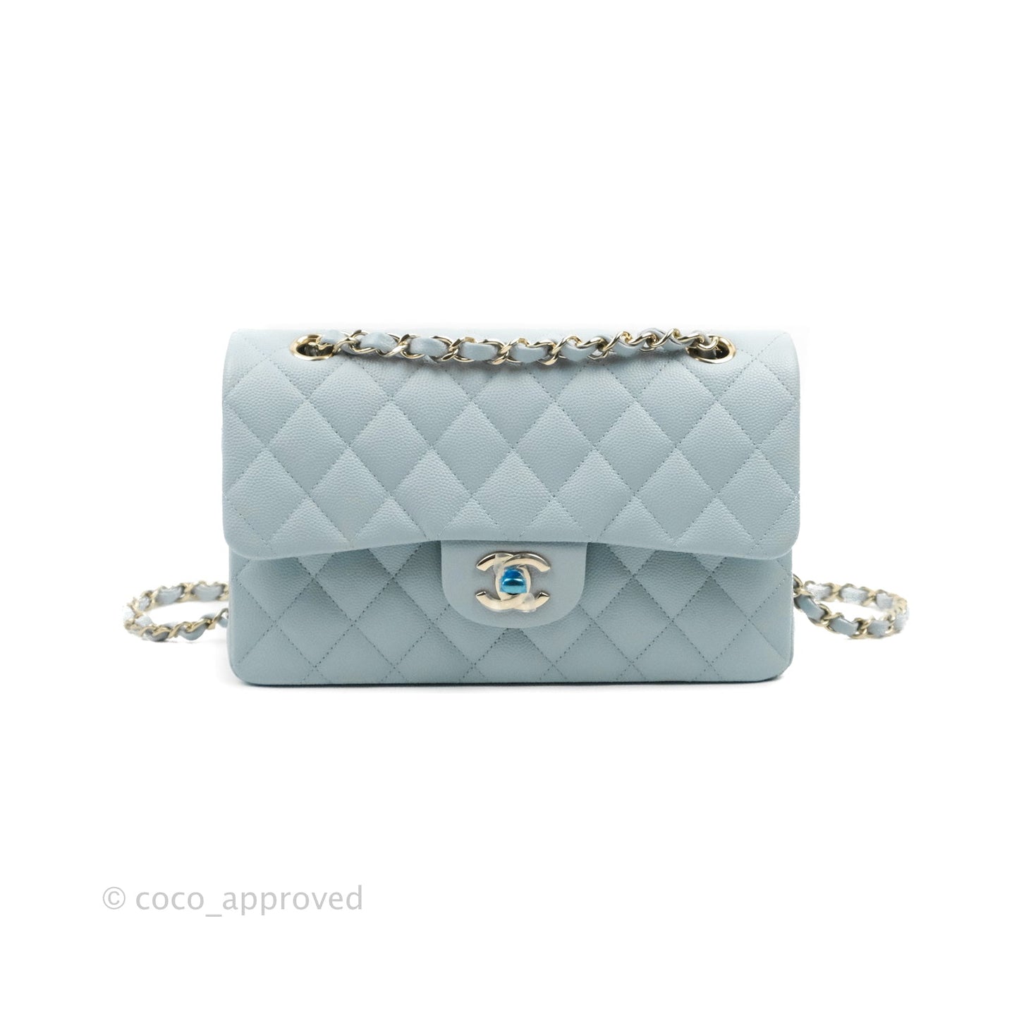 Chanel Small Classic Quilted Flap Light Blue Caviar Gold Hardware
