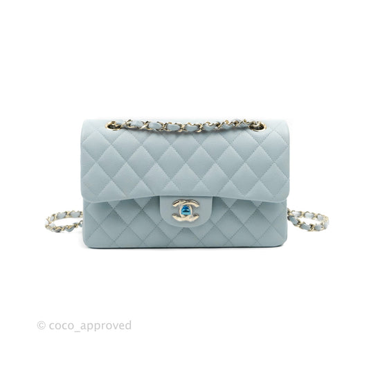 Chanel Small Classic Quilted Flap Light Blue Caviar Gold Hardware