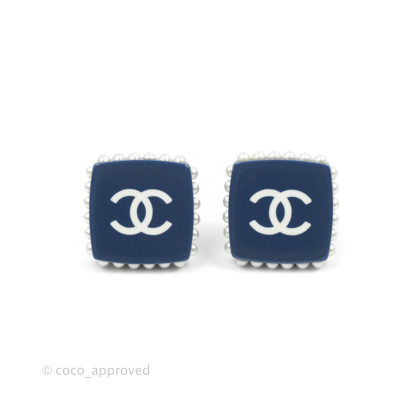 Chanel Resin Pearl Square CC Earrings Blue