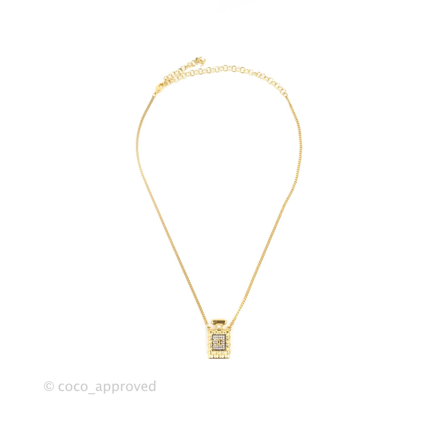 Chanel CC Crystal Pearl Perfume Bottle Necklace Gold Tone 20A