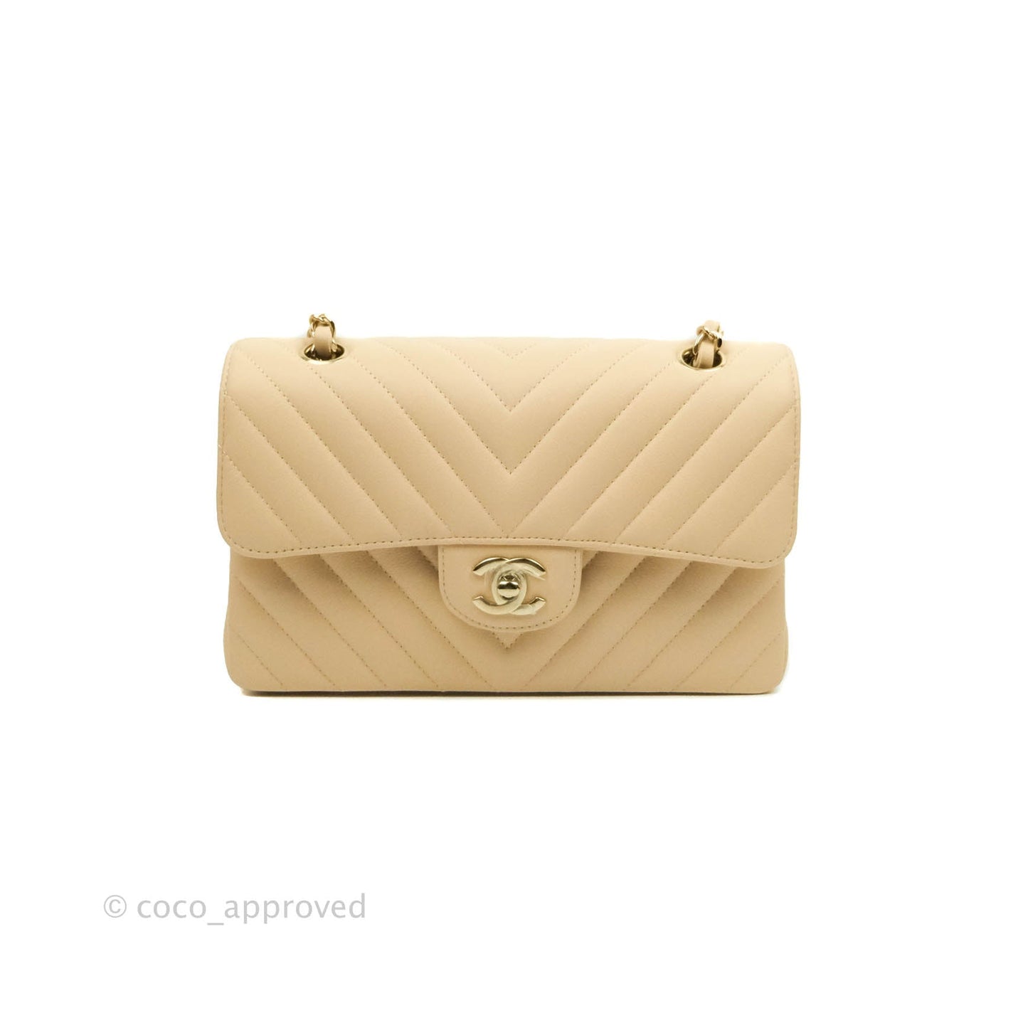 Chanel Classic S/M Small Double Flap Chevron Beige Caviar Gold Hardware