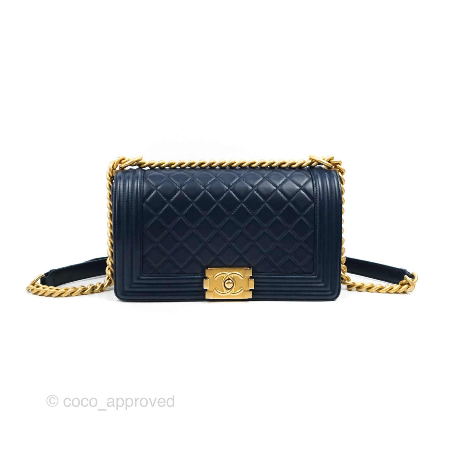 Chanel Quilted Medium Boy Navy Lambskin Aged Gold Hardware