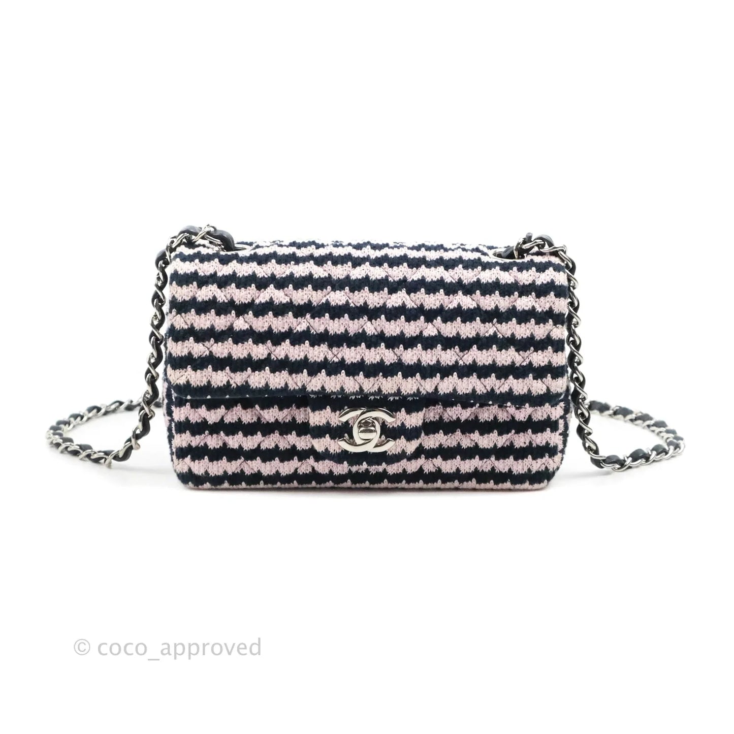 Chanel Mini Rectangular Flap Bag Navy Pink Striped Tweed Silver Hardware