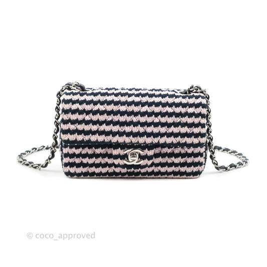 Chanel Mini Rectangular Flap Bag Navy Pink Striped Tweed Silver Hardware
