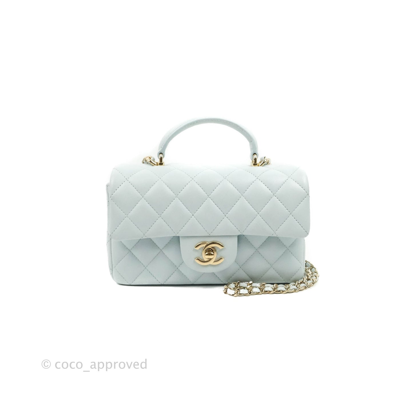 Chanel Top Handle Mini Rectangular Flap Bag Light Blue Lambskin Gold Hardware