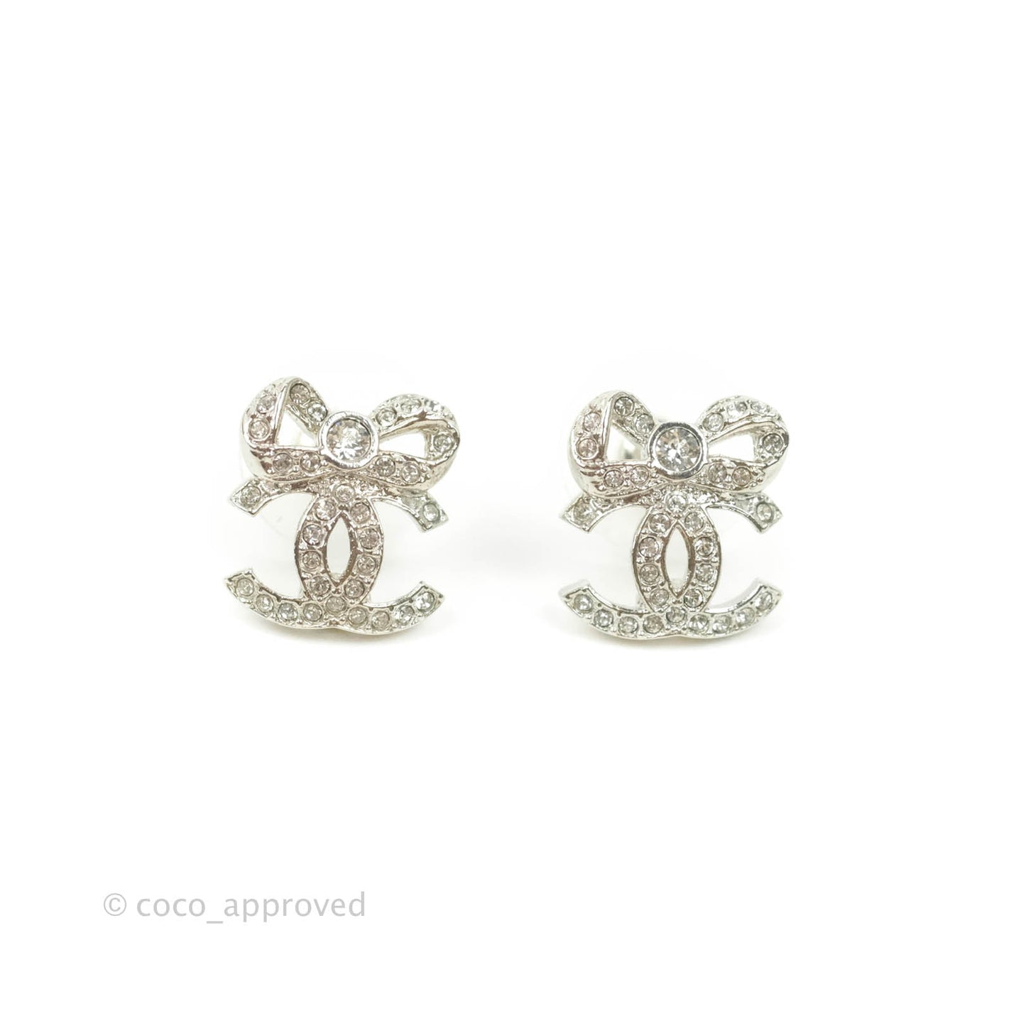 Chanel Crystal CC Bow Knot Earrings Silver Tone 22B