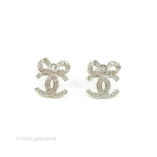 Chanel Crystal CC Bow Knot Earrings Silver Tone 22B