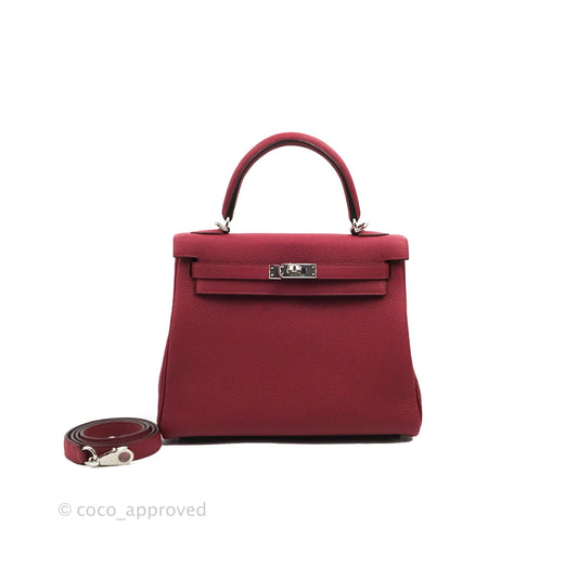 DM/email us to purchase - Hermes Kelly Retourne 25 Togo Rouge Grenat K1 Palladium Hardware