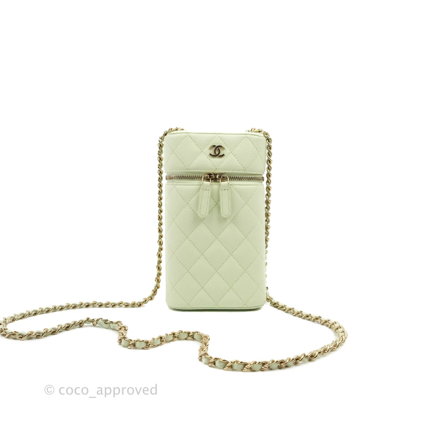 Chanel Vanity Phone Holder With Chain Light Mint Green Caviar Gold Hardware