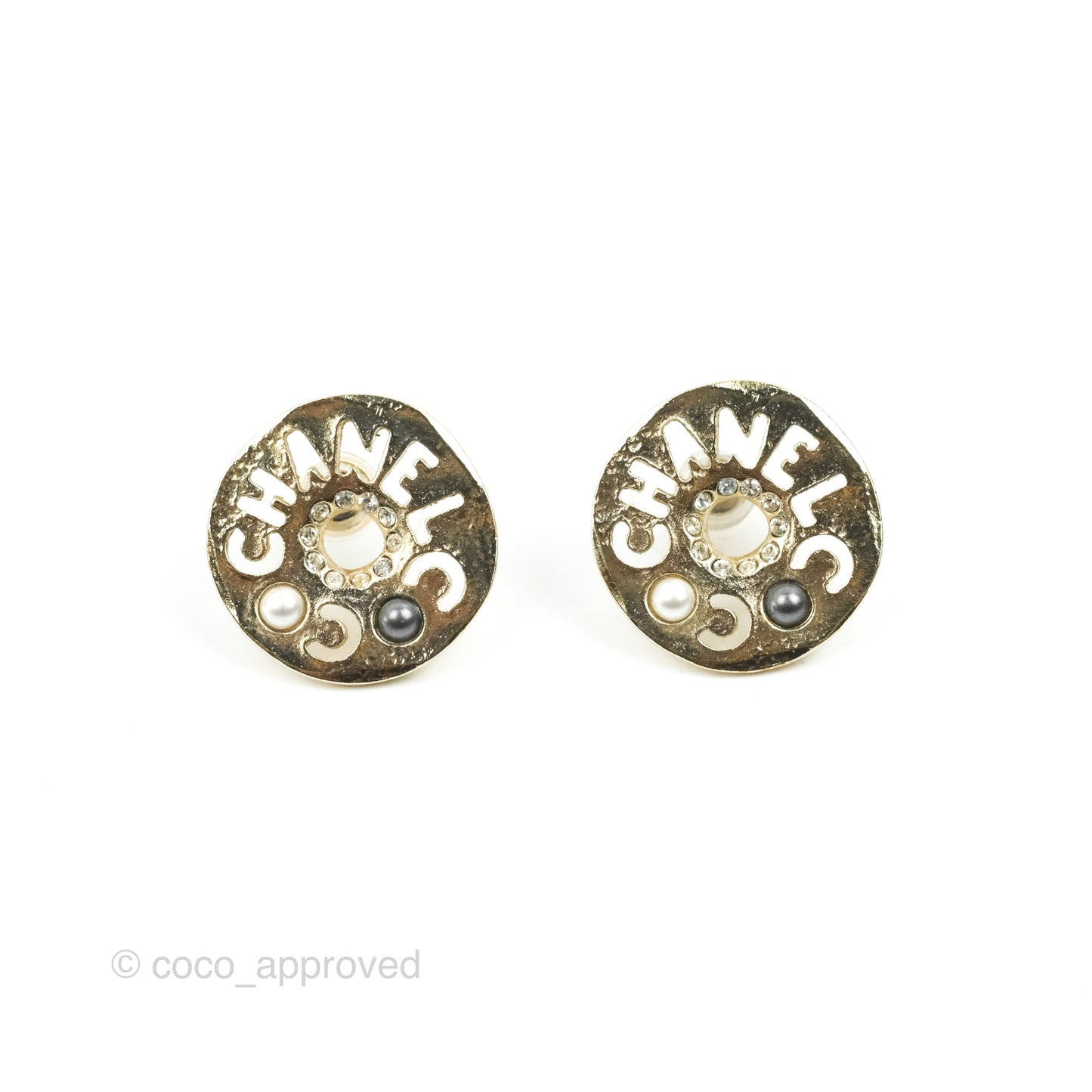 Chanel Logo Crystal/Pearl Round Earrings Gold Tone 19A