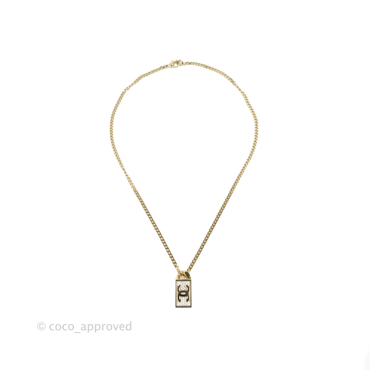 Chanel Crystal Tag Charm Necklace Gold Tone 21 C