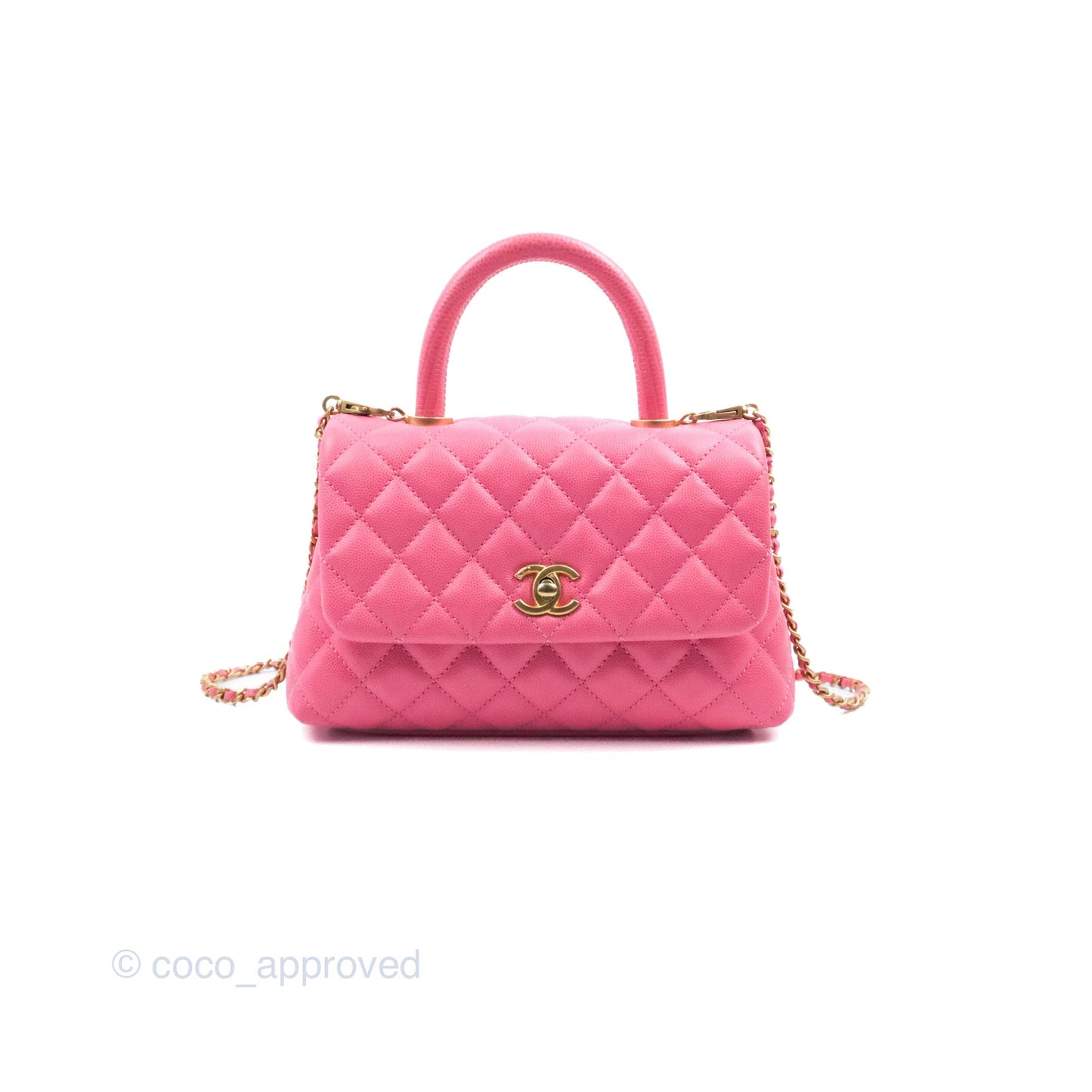 Chanel Small Coco Handle Quilted Pink Caviar Aged Gold Hardware Lizard Embossed Handle