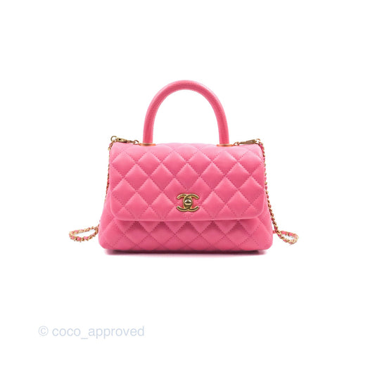 Chanel Small Coco Handle Quilted Pink Caviar Aged Gold Hardware Lizard Embossed Handle