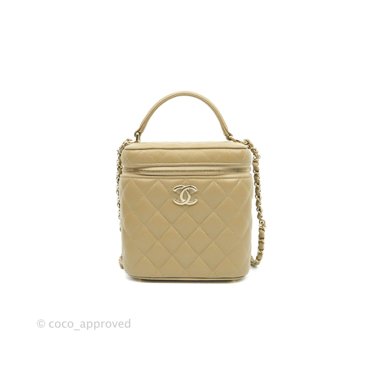Chanel Small Quilted Top Handle Vanity Case Dark Beige Caviar Gold Hardware