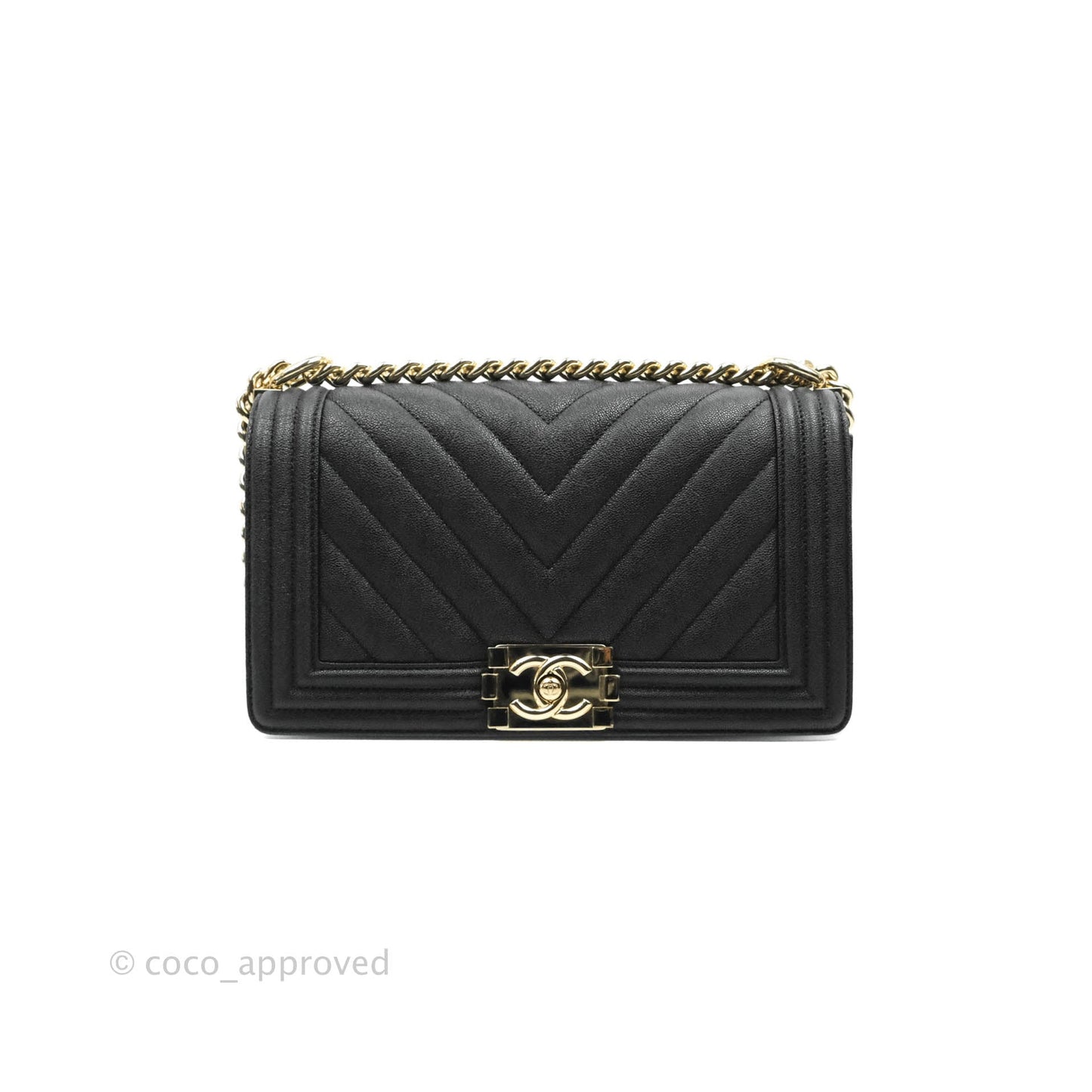 Chanel Chevron Medium Boy Black Grained Calfskin Gold Hardware