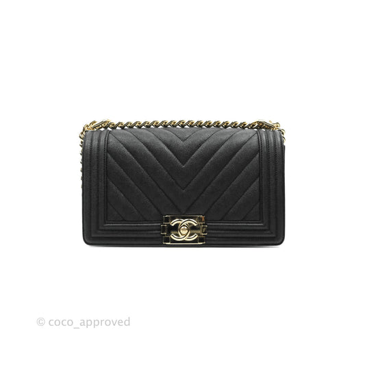 Chanel Chevron Medium Boy Black Grained Calfskin Gold Hardware