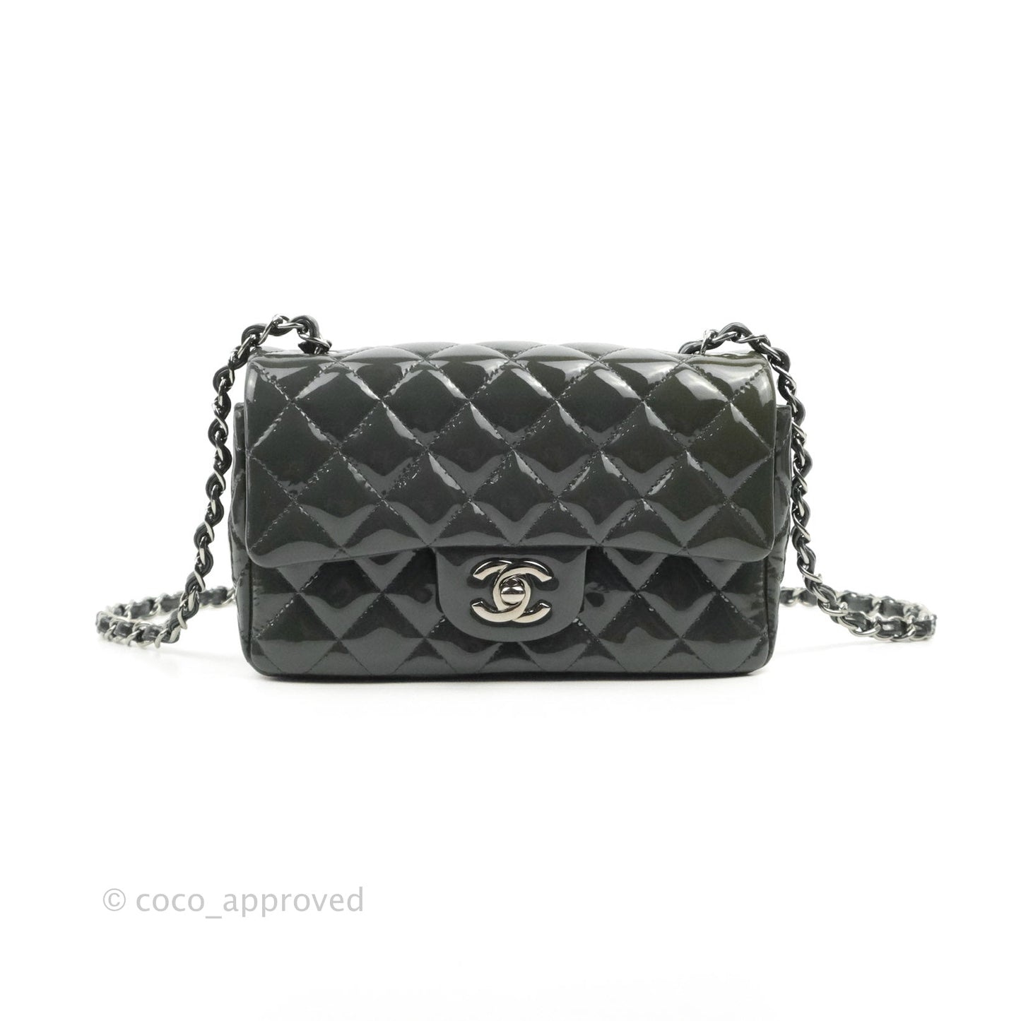 Chanel Quilted Mini Rectangular Dark Grey Patent Silver Hardware
