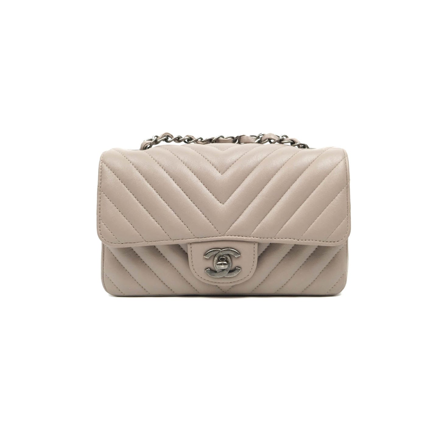 Chanel Chevron Mini Rectangular Flap Taupe Grey Calfskin Ruthenium Hardware 18B