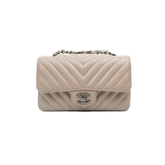 Chanel Chevron Mini Rectangular Flap Taupe Grey Calfskin Ruthenium Hardware 18B