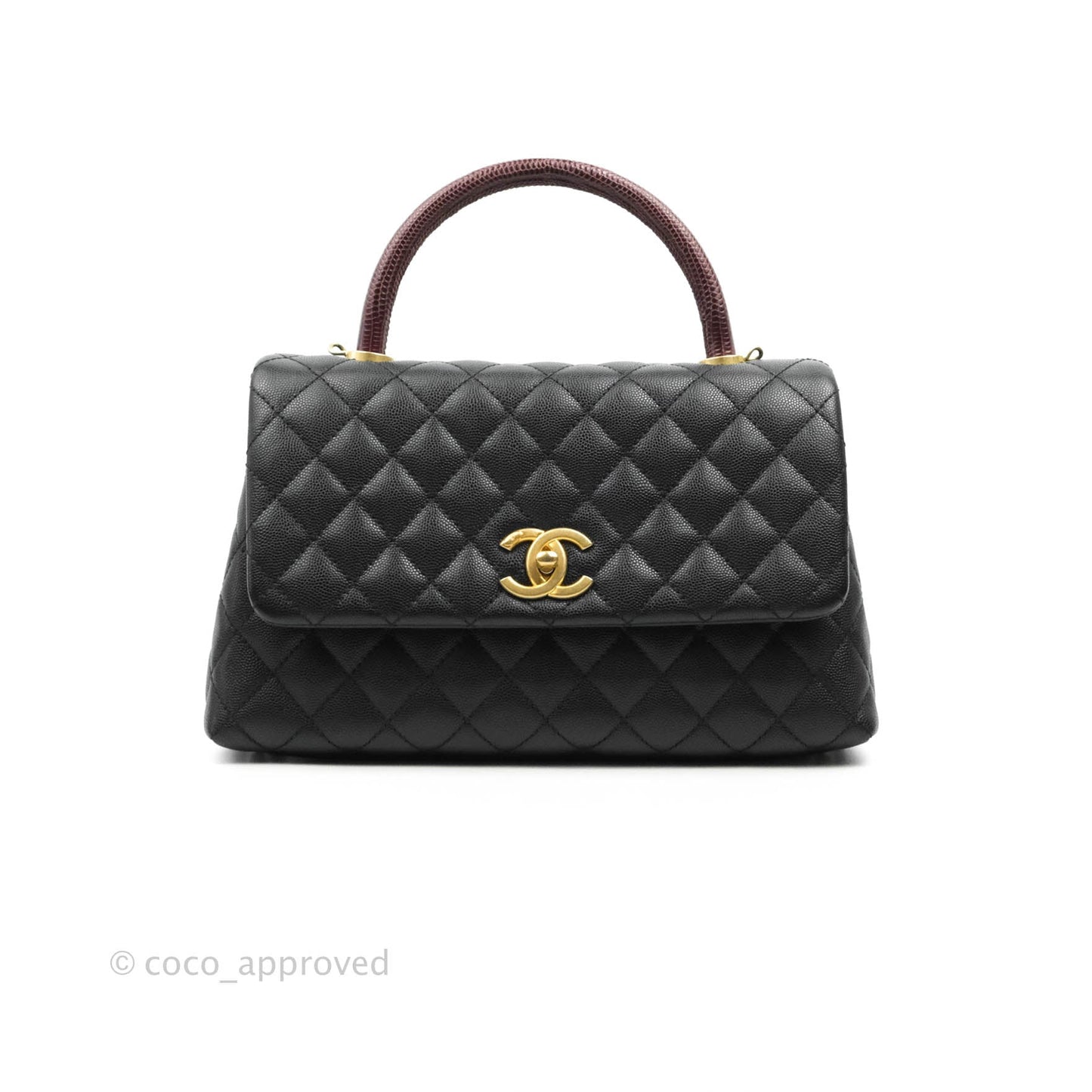 Chanel Medium Coco Handle Quilted Black Caviar Lizard Handle Gold Hardware