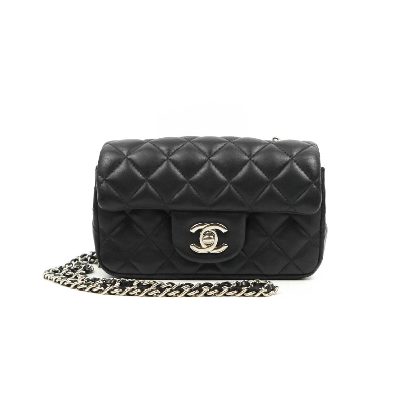 Chanel Quilted Extra Mini Rectangular Flap Black Lambskin Silver Hardware