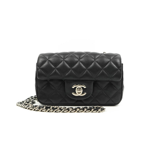 Chanel Quilted Extra Mini Rectangular Flap Black Lambskin Silver Hardware