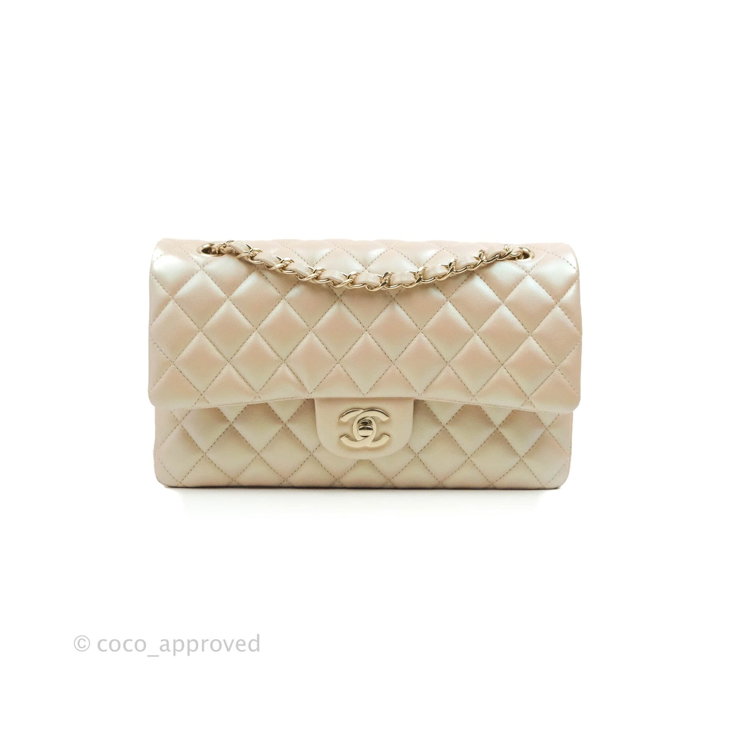 Chanel Classic M/L Medium Double Flap Iridescent Beige Calfskin Gold Hardware 21S