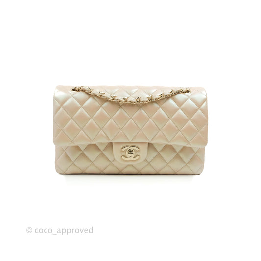 Chanel Classic M/L Medium Double Flap Iridescent Beige Calfskin Gold Hardware 21S
