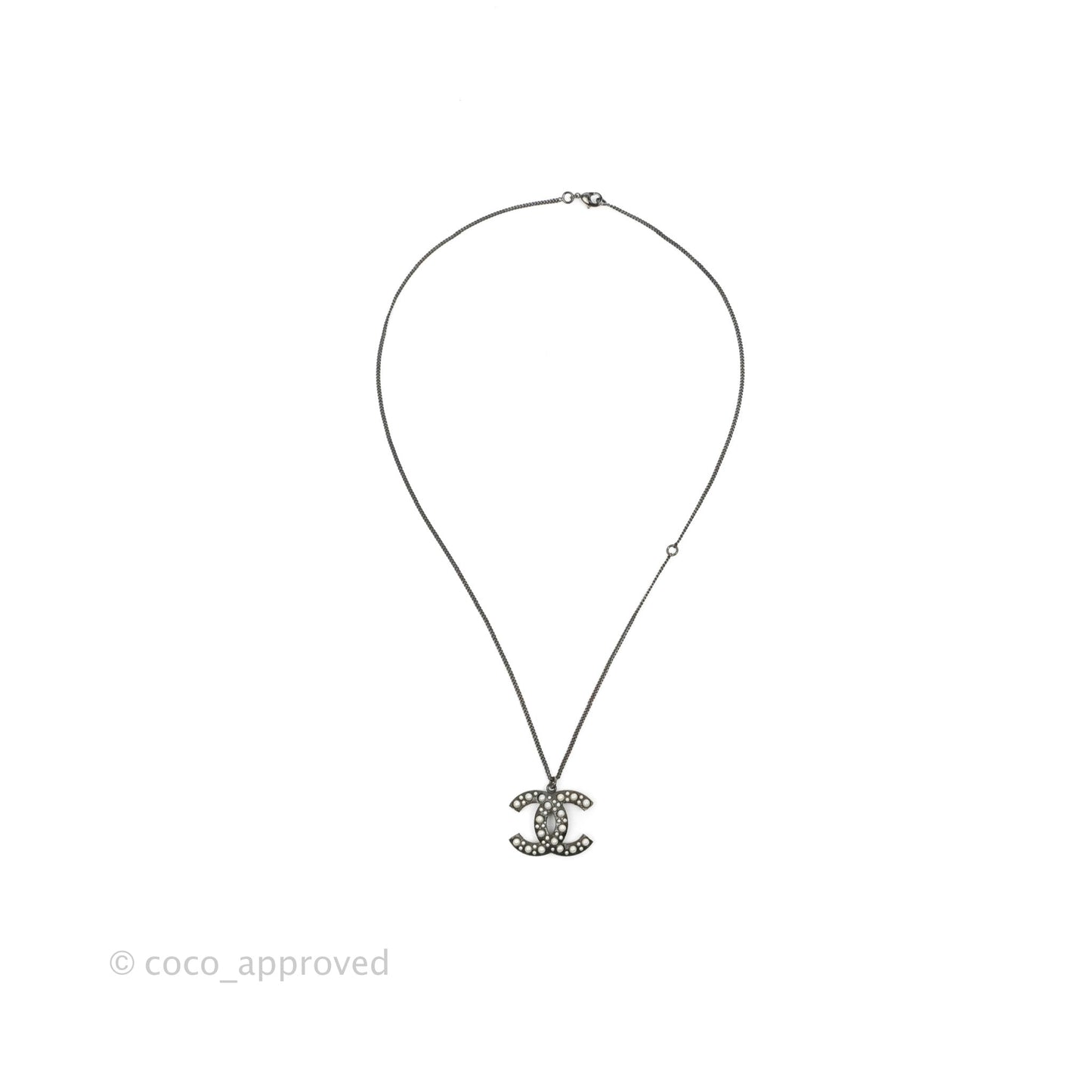 Chanel CC Pearl Necklace Gun Metal 11P