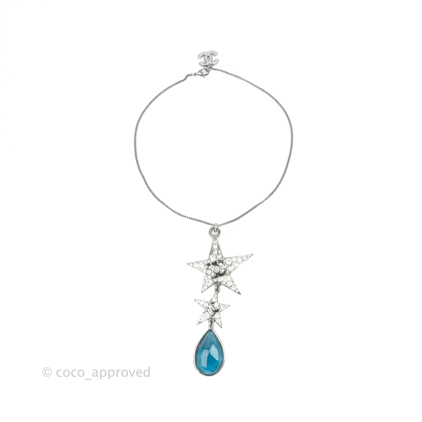 Chanel CC Crystal Star Blue Resin Tear Drop Choker Gun Metal 22C