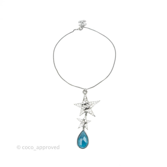 Chanel CC Crystal Star Blue Resin Tear Drop Choker Gun Metal 22C