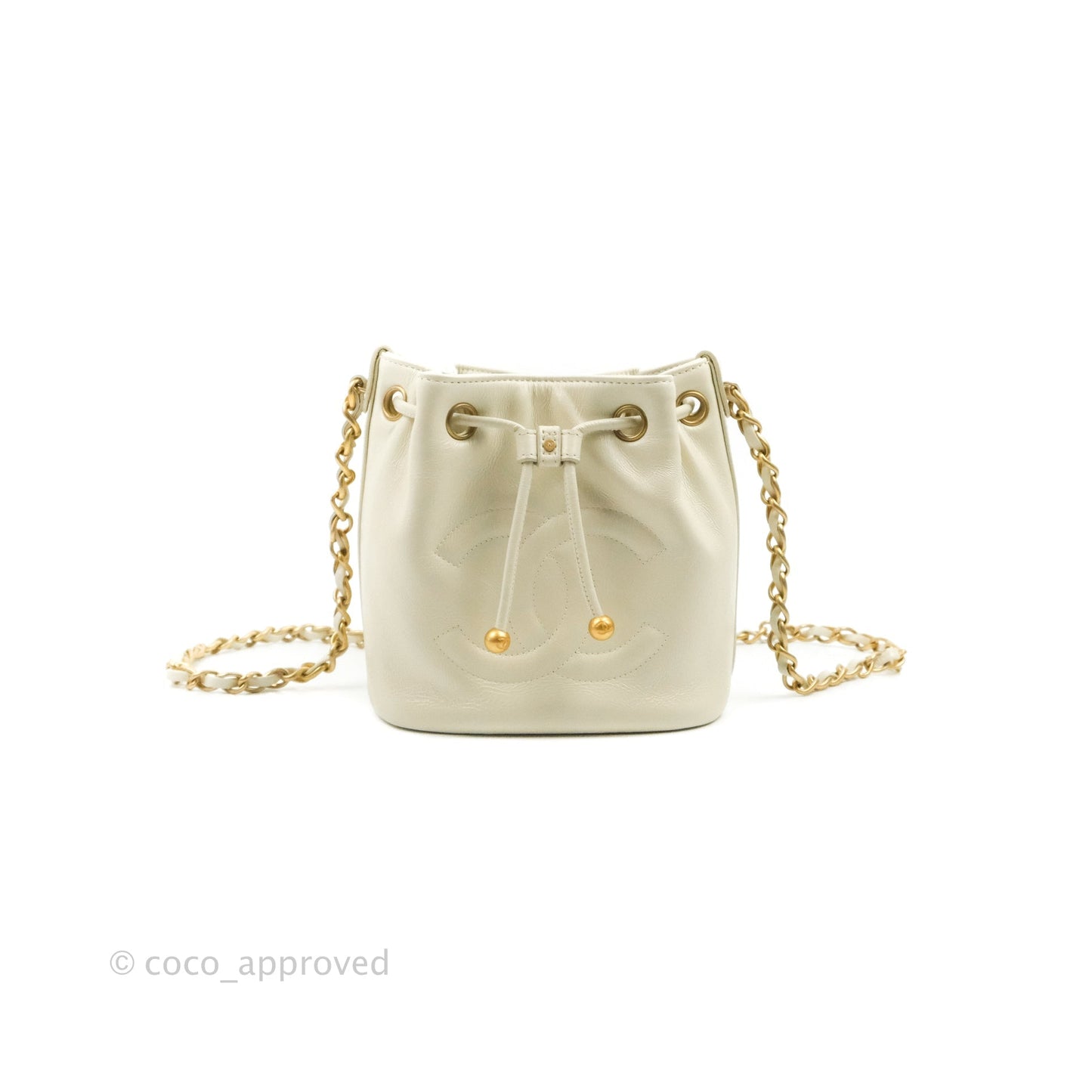 Chanel CC Small Drawstring Bucket Bag White Calfskin Aged Gold Hardware