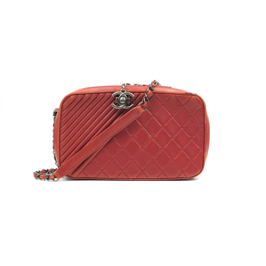 Chanel Quilted Crossbody Camera Bag Red Lambskin Ruthenium Hardware