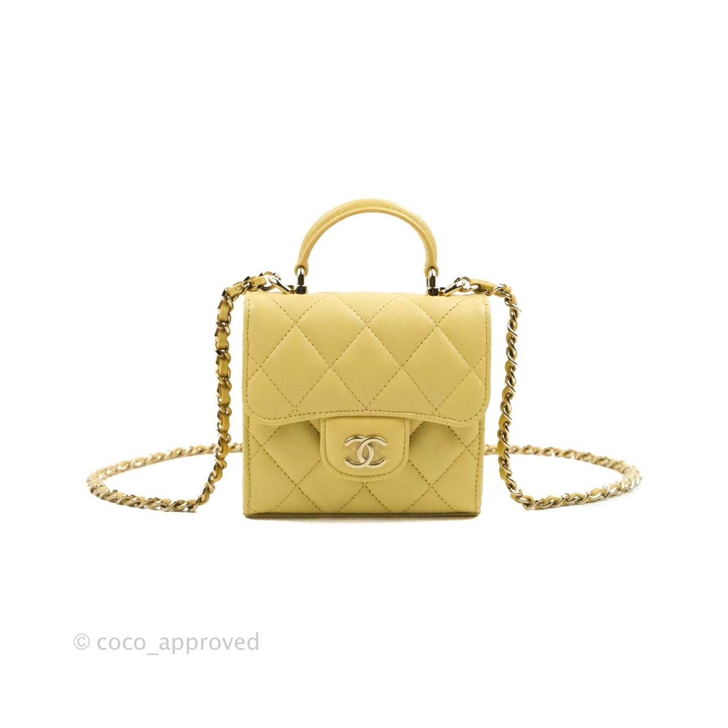 Chanel Mini Handle Clutch With Chain Yellow Lambskin Gold Hardware