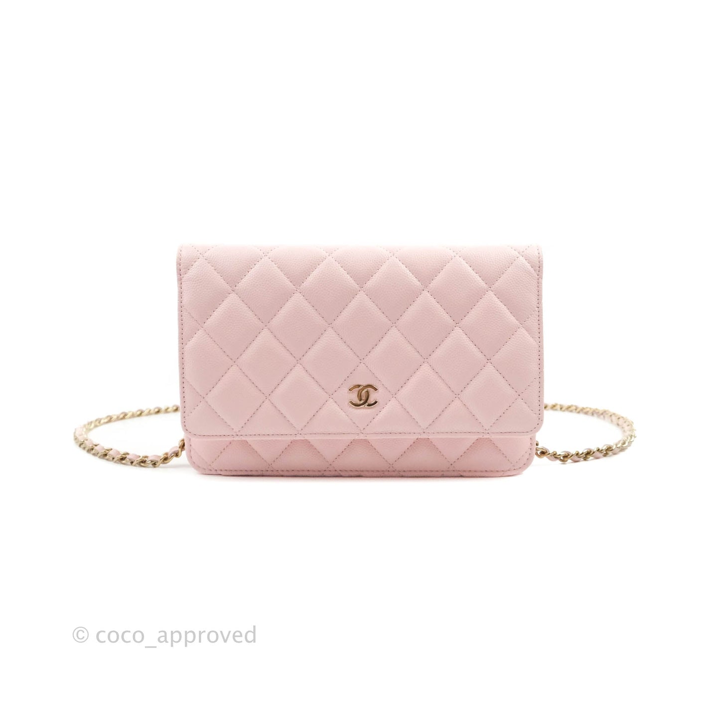 Chanel Quilted Classic Wallet on Chain WOC Light Pink Caviar Gold Hardware 22S