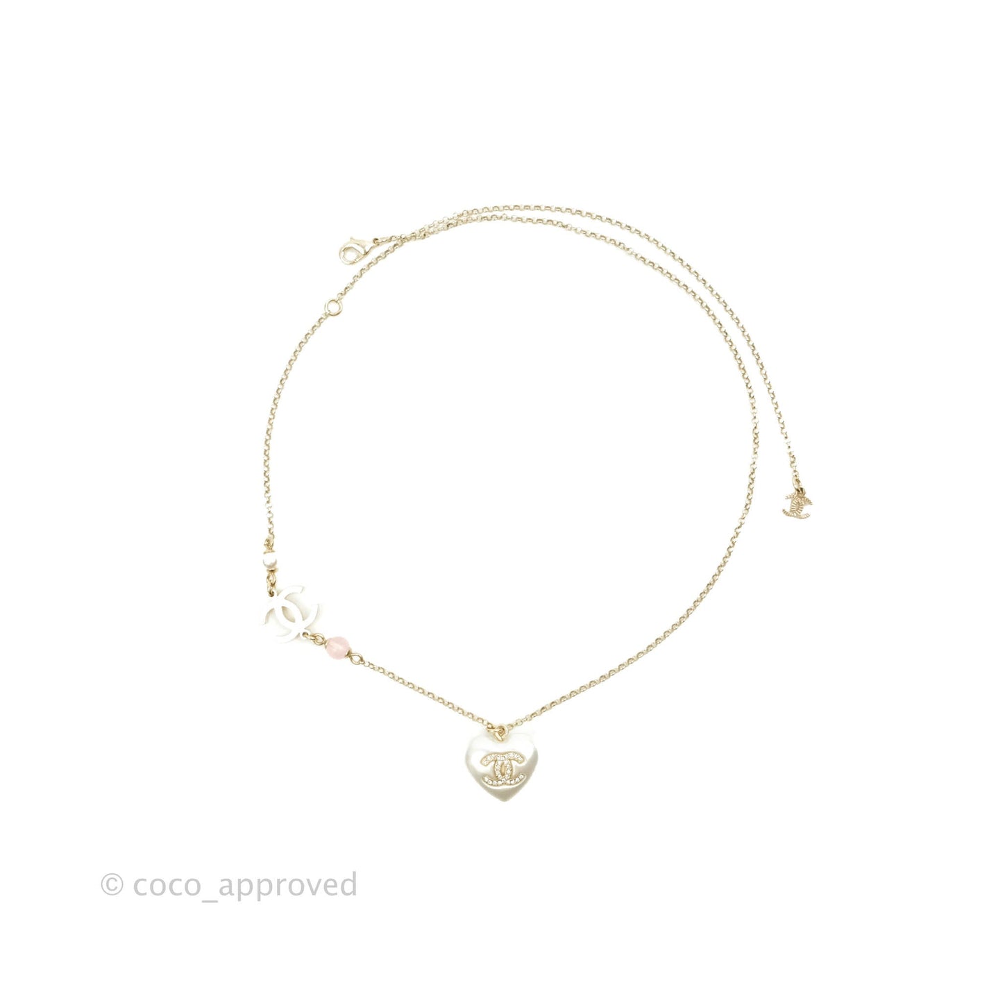 Chanel Crystal CC Pearl Heart Pendant Necklace Gold Tone 21B